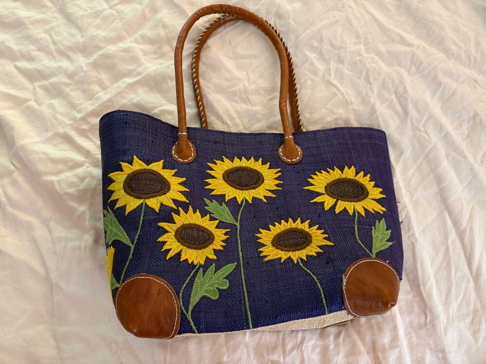 Blue Woven Raffia Sunflower Tote Bag Embroidered Cottagecore Boho Summer